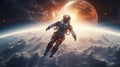 astronaut in space suit and helmet flying on orbit of far planet, cosmonaut orbiting Earth in cosmos, astronomy concept Royalty Free Stock Photo