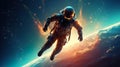 astronaut in space suit and helmet flying on orbit of far planet, cosmonaut orbiting Earth in cosmos, astronomy concept Royalty Free Stock Photo