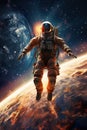 astronaut in space suit and helmet flying on orbit of far planet, cosmonaut orbiting Earth in cosmos, astronomy concept Royalty Free Stock Photo