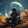 Astronaut in a space suit perched atop a rocky surface, AI-generated.