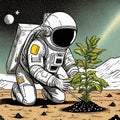 Astronaut in space suit planting plant on distant planet, comic style, AI