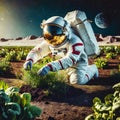 Astronaut in space suit planting plant on distant planet