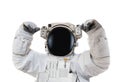 Astronaut in space suit rises hands up