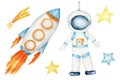 Astronaut in space suit set, Space rocket launch, cosmonaut in helmet, Spaceship start and stars isolated watercolor