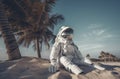 Astronaut in space suit sitting on the beach. Generate ai