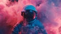 Astronaut in Space Suit Surrounded by Pink Smoke