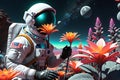 Astronaut in a Space Suit Tending to a Neon-Hued Alien Plant with Broad Leaves and Delicate Luminous Blossoms