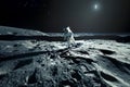 Astronaut in space suit walking on moon surface. Expedition to the moon, space exploration. Generative AI Royalty Free Stock Photo