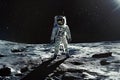 Astronaut in space suit walking on moon surface. Expedition to the moon, space exploration. Generative AI Royalty Free Stock Photo