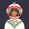 Astronaut in space. Space travel and exploration. Illustration of woman in spacesuit. Set of cartoon vector templates.