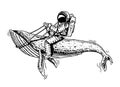 Astronaut spaceman with blue whale. astronomical galaxy space. Funny cosmonaut explore adventure. engraved hand drawn in