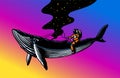 Astronaut spaceman with blue whale. Astronomical galaxy space. Funny cosmonaut explore adventure. Engraved hand drawn in