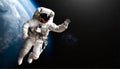 Astronaut spaceman do spacewalk while working for space station. AI Generated Royalty Free Stock Photo