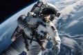 Astronaut spaceman do spacewalk while working for space station in outer space