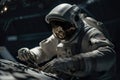 Astronaut spaceman do spacewalk while working for space station in outer space