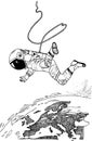 Astronaut spaceman flies to planet Earth. Astronomical galaxy space. Funny cosmonaut explore adventure. Engraved hand