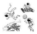 Astronaut spaceman flies to planet Earth. Turtle and moon. Astronomical galaxy space. Funny cosmonaut explore adventure