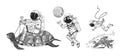 Astronaut spaceman flies to planet Earth. Turtle and moon. Astronomical galaxy space. Funny cosmonaut explore adventure