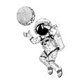Astronaut spaceman with moon. Astronomical galaxy space. Funny cosmonaut explore adventure. Engraved hand drawn in old