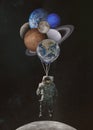 Astronaut spaceman with planets shaped balloons in solar system. Elements of this image furnished by NASA Royalty Free Stock Photo