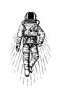 Astronaut spaceman. planets in solar system. astronomical galaxy space. cosmonaut explore adventure. engraved hand drawn Royalty Free Stock Photo