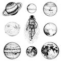 Astronaut spaceman. planets in solar system. astronomical galaxy space. cosmonaut explore adventure. engraved hand drawn