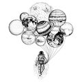 Astronaut spaceman. planets in solar system. astronomical galaxy space. cosmonaut explore adventure. engraved hand drawn Royalty Free Stock Photo