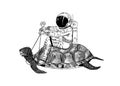 Astronaut spaceman on a turtle. Astronomical galaxy space. Funny cosmonaut explore adventure. Engraved hand drawn in old