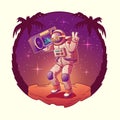 Astronaut or spacemen dancing on moon disco party.