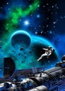 Astronaut and spaceship near a planet with moon, dark sky with nebula and stars, 3d illustration