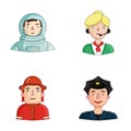 An astronaut in a spacesuit, a co-worker with a microphone, a fireman in a helmet, a policeman with a badge on his cap