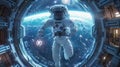 Astronaut in Spacesuit Floating Freely In Cabin Of Spacecraft. Human Space Flight. AI Generated