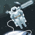 Astronaut in spacesuit flying in space and calling for Houston