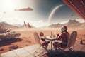 Astronaut in spacesuit is having breakfast on surface of red planet. Astronaut is resting during the colonization of