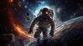 An astronaut in a spacesuit hovers weightlessly with a dramatic vista of planets