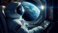 Astronaut in a spacesuit looks out the window of a spaceship at planet Earth. Man journey in space Royalty Free Stock Photo
