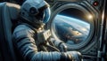 Astronaut in a spacesuit looks out the window of a spaceship at planet Earth. Man journey in space Royalty Free Stock Photo