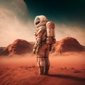 Astronaut in spacesuit on Mars, alone man walking on red planet