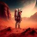 Astronaut in spacesuit on Mars, alone man walking on red planet