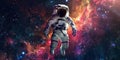 an astronaut in a spacesuit in outer space against star clusters, concept for Cosmonautics Day, astronomy, banner