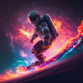 Astronaut in spacesuit rides skateboard on star waves in space