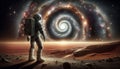 Astronaut in a spacesuit on the surface of Mars against the backdrop of a spiral of stars in space