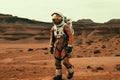 An astronaut in a space suit walks around the red planet of the solar system Mars, generative A. Royalty Free Stock Photo