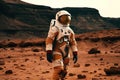 An astronaut in a space suit walks around the red planet of the solar system Mars, generative A. Royalty Free Stock Photo