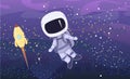 Astronaut in spacesuits. Rocket. Cosmos background. Childrens illustration. Starry sky landscape. Dark colors. Flat