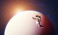 Astronaut spacewalk in space near a planet and pointing his finger. Royalty Free Stock Photo