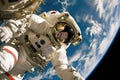an astronaut with a special protective suit and helmet flies in space not far from a spaceship in orbit on planet Earth Royalty Free Stock Photo