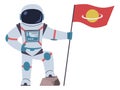 Astronaut stand with flag. Cosmos exploration. Planet discovery