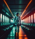 Astronaut standing alone in empty train, generative ai
