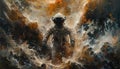 an astronaut is standing alone in space, in the style of portraitures with hidden meanings, liquid metal. Generative AI